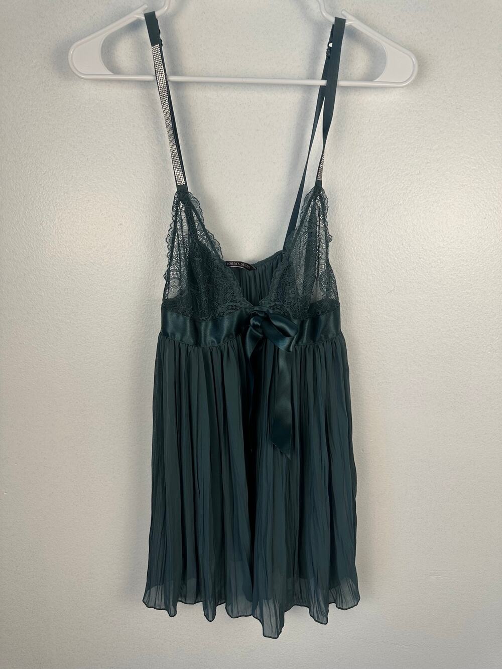 Victoria's Secret dark green babydoll pleated chiffon rhinestone straps small
